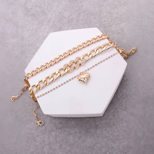 3 ASSORTED HEART PENDANT CHAIN BRACELET SET