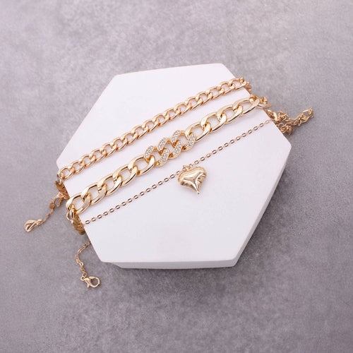 3 ASSORTED HEART PENDANT CHAIN BRACELET SET